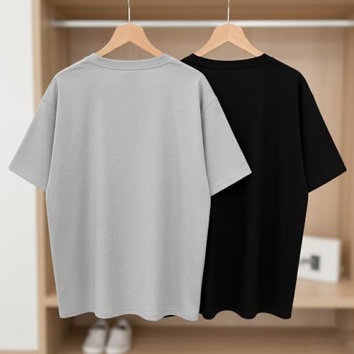 Image of Cotton Blend Drop Shoulder Oversized Baggy Fit Half Sleeve Printed Solid Round Neck T-Shirts Combo for Women & Girls | Pair of 2 T-Shirts |