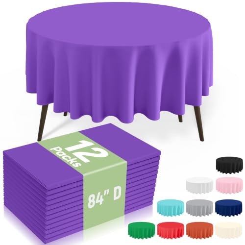 Image of misaya 12 Packs Disposable Plastic Table Cloth, 84 inch Round Waterproof Tablecloth, Leakproof & Sturdy Decorative Table Covers for Picnic, Party, Outdoor and Back to School, Purple