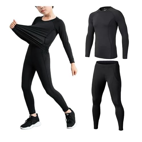 Echinodon Kinder Sportunterwäsche Fußball Kompressionsshirt + Kompressionshose Kompressionsunterwäsche Set Funktionsunterwaesche Set für Fitness Running Fußballtraining Radsport Schwarz 122/128