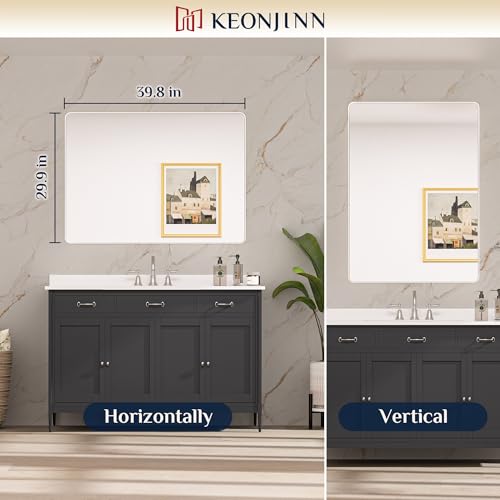 Keonjinn 40 x 30 Inch Brushed Nickel Mirror Large Silver Bathroom Mirror for Over Sink, Rounded Rectangle Large Vanity Mirror with Metal Frame, HD Tempered Glass(Horizontal/Vertical) by Keonjinn - Image 9