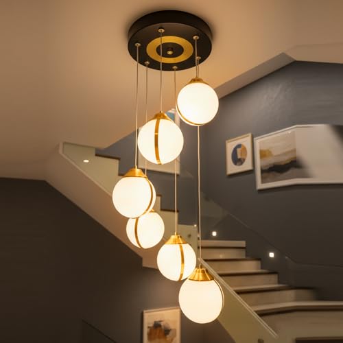 Image of Lamp master Modern 6 Globe Pendant Light | Warm Glow | Gold Finish | Acrylic Unbreakable Ball Chandelier | Premium Hanging Ceiling Light for Living Room, Staircase, Restaurants & Double Height Spaces