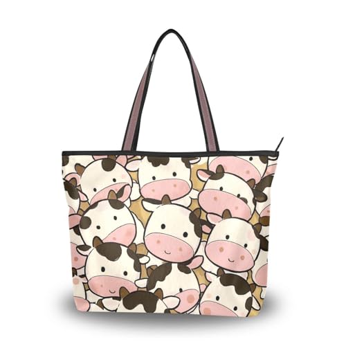 Cute Cartoon Cow Pink silk fabric zippered travel tote bags reusable handbags for women 2025