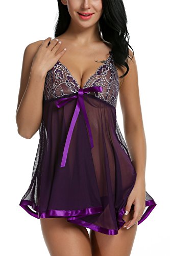 Avidlove Women Teddy Lingerie Lace Babydoll Splicing Chemise Sheer Nighty Purple XXL