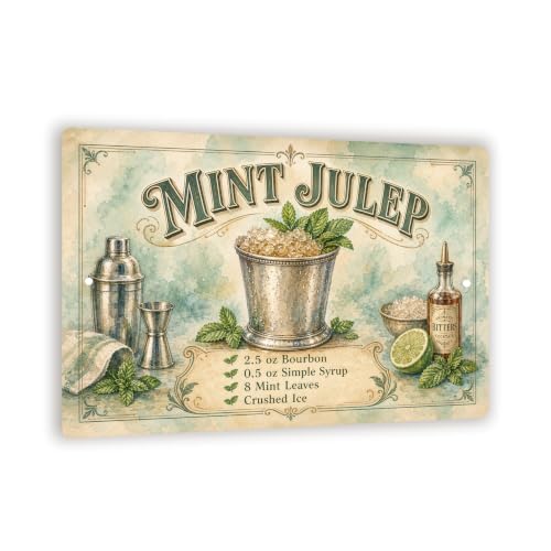 Mint Julep Recipe Metal Sign - Watercolor Bar Wall Decor - 8x12 Cocktail Art