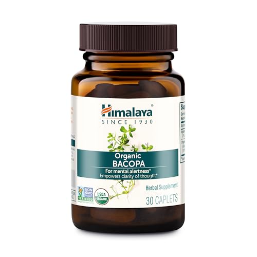 Himalaya USDA Organic Bacopa Monnieri Nootropic Herbal Supplement Brahmi Bacopa Supplements Bacopa Extract Mental Alertness Supports Calm Memory Cognition Non-GMO 750 mg 30 Plant-Based Caplets