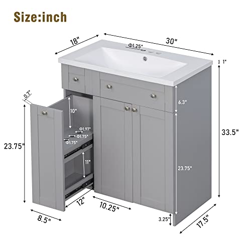 Merax 30" Bathroom Vanity W, Gray Combo Stand Storage Cabinet Set With Square White Resin Sink Top, Grey #TOP1