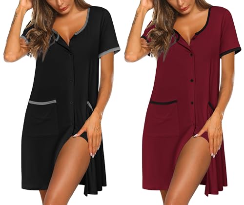 Image of Ekouaer Nightgowns for Women 2 Pack Button Down Sleep Shirts Short Sleeve Nightshirt Sleepwear House Dress with Pockets