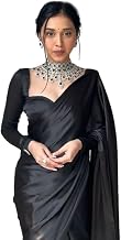 Women's Ready to Wear Plain Satin Silk 1 Minute Pre Pleated Saree With Black Unstitched Blouse Free size