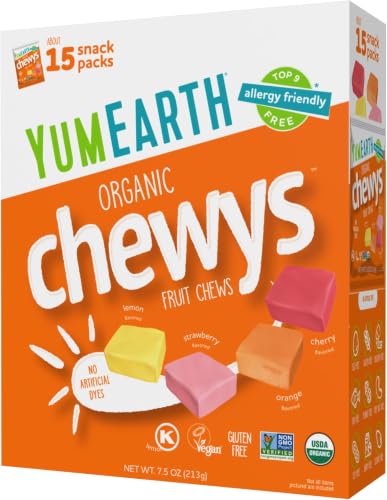 Image of YumEarth Organic Chewys Fruit Flavored Candy Chews - Allergy Friendly, Gluten Free, Non-GMO, Vegan, No Artificial Dyes - Assorted Flavors, 7.5 oz. (Pack of 6)
