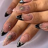 Vesavifaka 24 pièces ongles en gel noir French à coller, design paillettes dorées et strass, forme amande, faux ongles réutilisables à coller