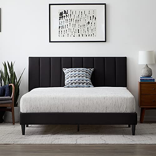 Lucid Queen Bedframe with Vertical Channeled Headboard — Upholstered Platform Bed — Easy Assembly — Queen Size — No Box Spring Needed — Black Color