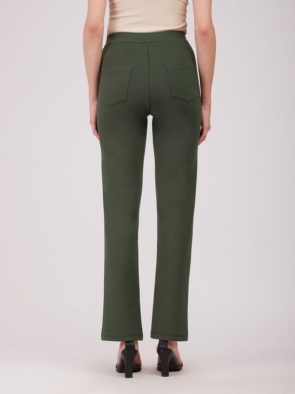 Image of FableStreet Women's Bootcut Stretch Livin Trousers | Nylon Rayon with Mid-Rise Waist | Solid Pattern & Plain Weave Fabric | Office Wear & Business Meetings