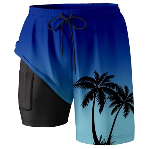 Mens Swim Trunks with Compression Liner 7 Inch Inseam Stretch Beach Board Shorts Bathing Suits Swimwear with3