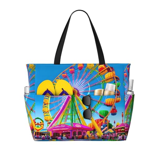 corlorful park Large Capacity Beach Travel Bag, Foldable Beach Bag with Zipper, Great for Grocery Bag Pool Gym Travel Shopping