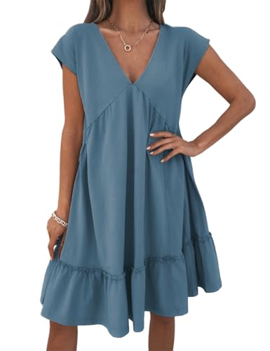 Image of APAFES Women's Summer Dress A Line V-Neck Ruffle Hem Sundress Flowy Swing Mini Dress with Pockets