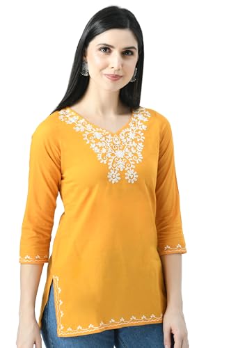 Image of QAZMI Women's Resham Embroidered Kurti |Elegant Design,3 /4 Sleeves, Sweet Heart Neck