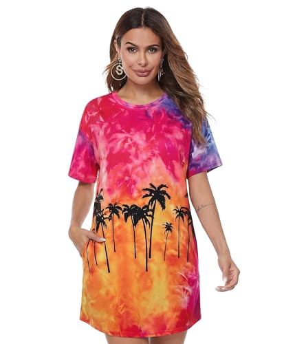Image of MOUSYA Women Tie Dye Dress Short Sleeve T Shirt Dress Summer Casual Loose Mini Dress with Pockets