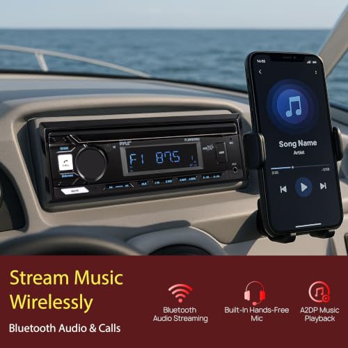 Image of Pyle Marine Radio Stereo Receiver with Bluetooth MP3 Player - Single DIN Boat Audio System, AM /FM Tuner, USB /AUX Input, 30 Preset Stations, Hands-Free Calling, 350 W Power for Marine and Boat Use
