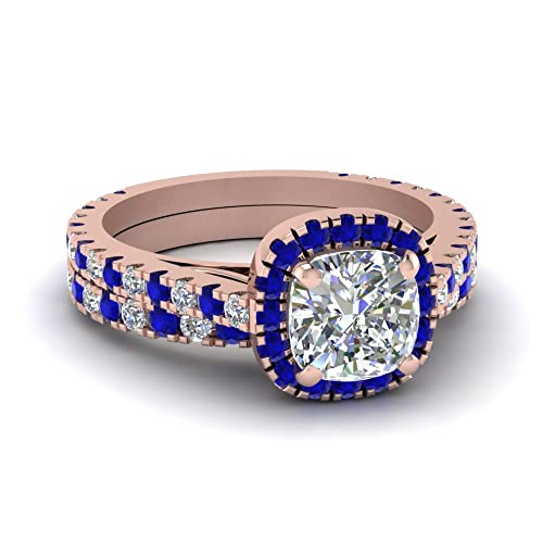 Ensemble nuptial diamond CZ coussin et bague de mariage petite halo plaqué or rose taille 47-70