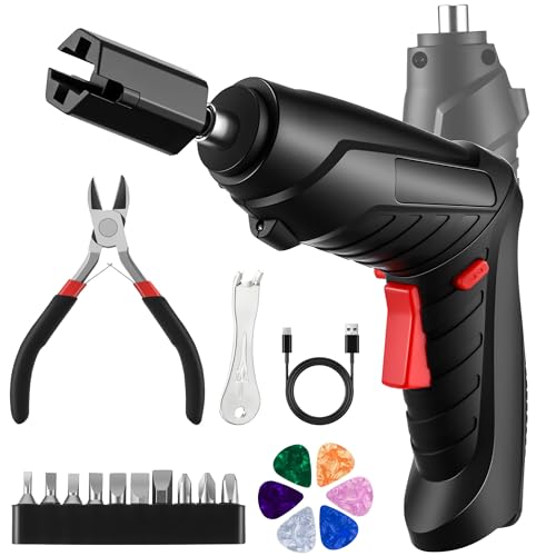 Dunkive Guitar Tool Set, Electric String Winder, String Cutter, Bridge Pin Puller, 200RPM Rechargeable Tuner Winder with LED Lights, 10 Screwdriver Bits, 6 Guitar Picks for Stringed Instruments