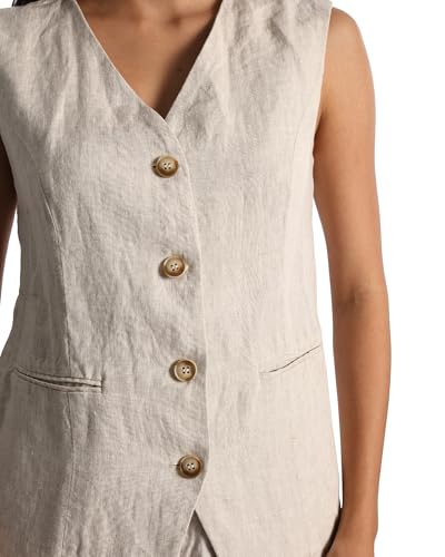 Womens Thick Pure Linen Medium Long Vest With Pockets And Button Closure4
