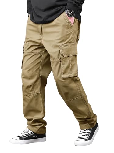 Image of Men's Cotton Cargo Pants for Men | Relaxed Loose Fit Drawstring Waist Cargo Trousers | Multi Pocket Casual Utility Pants for Outdoor, Travel
