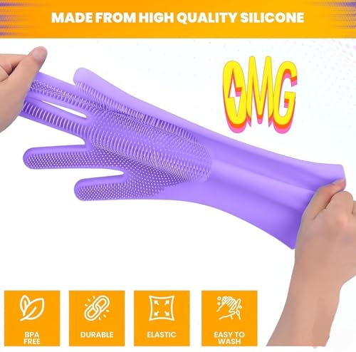 Image of Gloves Magic Silicone Dish Washing Gloves, Silicon Cleaning Gloves, Silicon Hand Gloves for Kitchen Dishwashing and Pet Grooming, Great for Washing Dish, Car, Bathroom (Multicolour, 1 Pair)