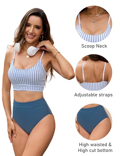 Image of BMJL Women's High Waisted Bikini Ribbed Two Piece Swimsuit High Cut Color Block Adjustable Straps Bathing Suit