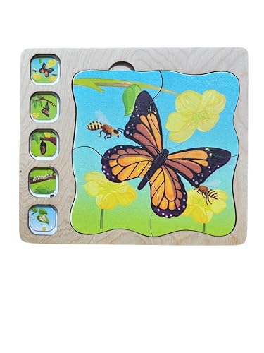 Image of Butterfly Life Cycle Layering Puzzle - Montessori Puzzle for Kids, Wooden Puzzle with Layers Showing Butterfly Transformation, Ages 2+