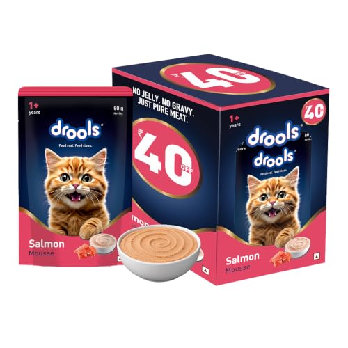 Image of Drools Adult Cat Wet Mousse 80g Pack of 5, 400g | Salmon Flavour | Rich in Protein | Promotes Hydration & Easy to Digest | No Artificial Flavours | Packed with Essential Vitamins & Antioxidants