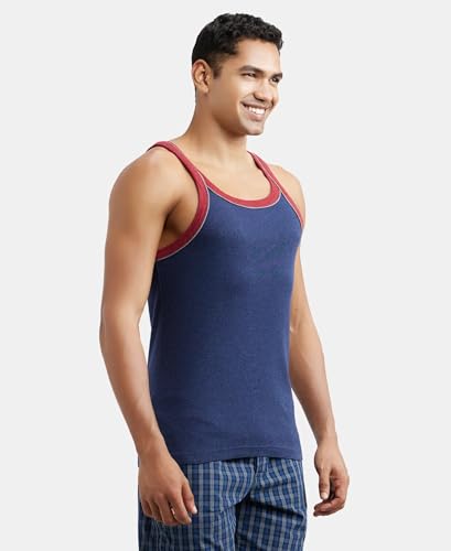 Image of Jockey US54 Men's Super Combed Cotton Rib Square Neckline Gym Vest with Back Panel Graphic Print (Shoulder Starp Color May Vary)