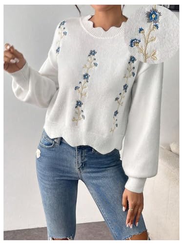 Verdusa Women's Floral Embroidery Crewneck Sweater Long Sleeve Scallop Trim Pullover Tops3