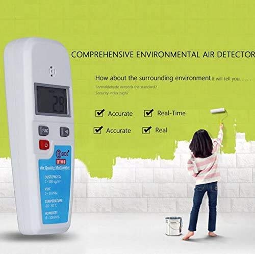 StarNY EET100 Air Quality Multimeter displaying a reading, with a graphic illustrating its use in environmental air detection.