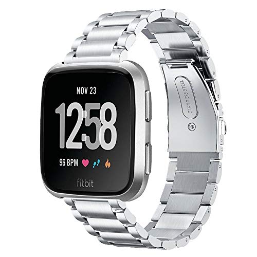 VIGOSS Metal Strap Compatible with Fitbit Versa Bands/Lite Edition Band Silver Solid Stainless Steel Versa Bracelet Rreplacement for Fitbit Versa/Lite Edition Smartwatch Men Women