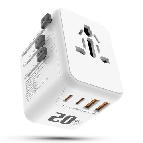 Fuiyoh Ultra-Compact GaN Travel Adapter | 20W PD Fast Charging Universal Power Converter | 5-in-1 International Travel Adapter with Dual USB-C & USB-A for 200+ Countries (White)