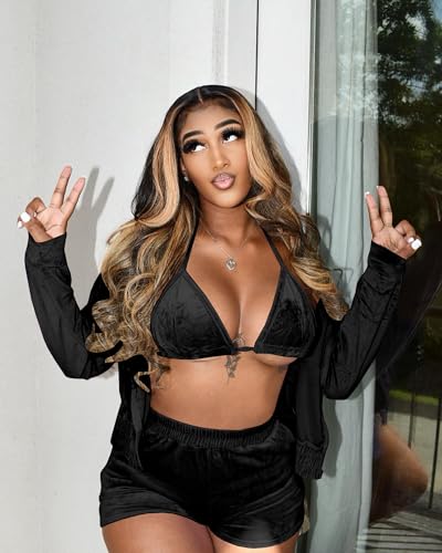 MOEENCN Women Sweatsuits Sets 3 Piece Outfits, Velvet Tracksuit Long Sleeve Hooded Zipper Jacket and Velvet Shorts Send Bra4