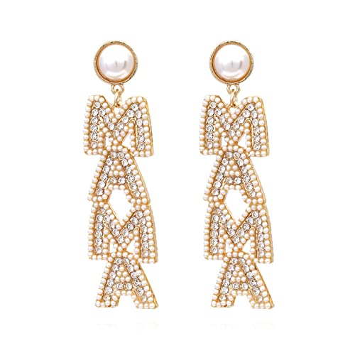 Long Pearl MAMA Letter Earrings Shining Rhinestone Crystal MAMA Earrings for Women Jewelry