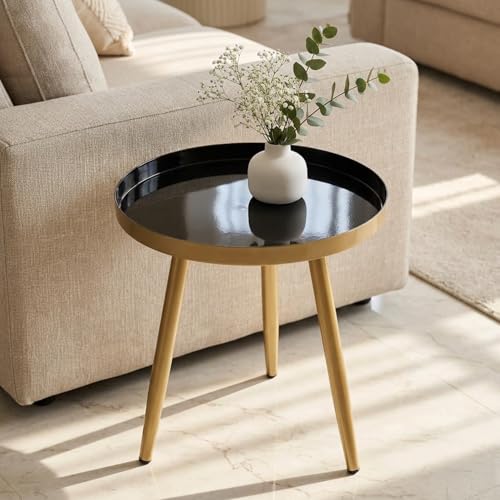 Image of ecofynd Multipurpose 12 Inch Coffee Table with Strong Metal 3 Legs, Sofa Side Corner Table, End Table, Plant Stand for Living Room, Hall, Bedroom, Home & Office Small Spaces (CT104-BLKGO)