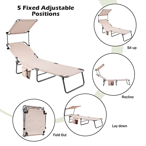 Giantex Tanning Chiar, Patio Chaise Lounge Chair With 5 Adjustable Position, Shade Canopy, Storage Pocket, Camping Cot, Outdoor Sunbathing Recliner For Poolside, Lawn Folding Beach Chairs(1, Beige) #TOP5