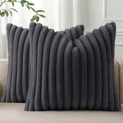 Image of Pallene Faux Fur Plush Throw Pillow Covers 18x18 Set of 2, Luxury Soft Fluffy Striped Decorative Pillow Covers for Sofa, Couch, Living Room, Dark Grey