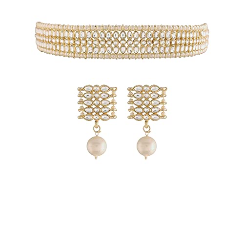 I Jewels Gold Plated Traditional Kundan Pearl Choker Necklace Jewellery Set For Women And Girls (K7209)