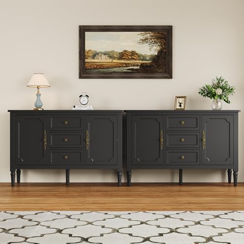 Image of FansaFurn Mid-Century Buffet Cabinet with 2 Doors & 3 Drawers, Accent Sideboard Cabinet with Adjustable Shelves & Turned Legs, Great Storage Cabinet for Living Room, Dining Room, Entryway, Black