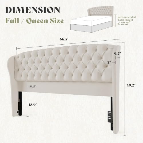 Image of AMERLIFE Full /Queen Headboard Only, Velvet Upholstered Wingback, Cream