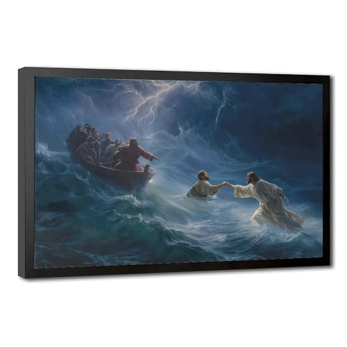 Jesus Walking on Water Black Framed Canvas Wall Art, Peter