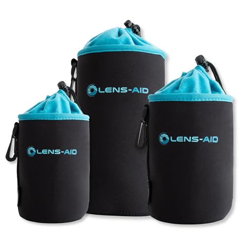 LENS-AID Custodia Obiettivo Neoprene con Fodera in Pile – Protezione Antiurto per Obiettivi della Fotocamera, Flash e Accessori Fotografici, Nero/Blu, Set di 3 (S, M, L), Moderno