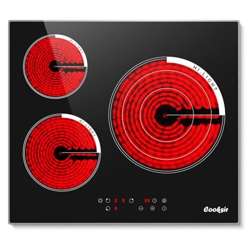 Cooksir 24 Inch Electric Cooktop(Cut-out Size: 22.05'x19.3'), 3 Burner Built-in Ceramic Stove Top, 5700W Radiant Electric Cook Top with Touch Control, Timer, Safety Lock, 220V Hard Wired (No Plug)