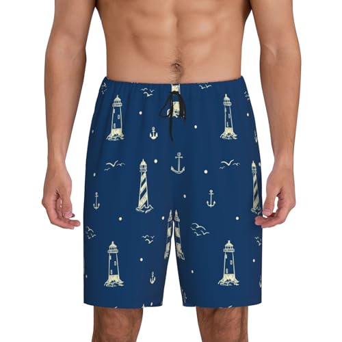Lighthouses And Anchors Print Men’s Sleep Shorts Bottoms Soft Comfy Pajama Wear Pants With Drawstring Pockets