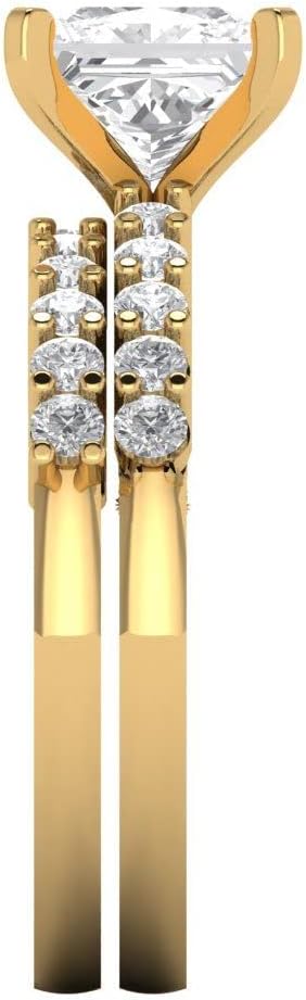 Clara Pucci 14K Yellow Gold Bridal Set for Women Moissanite Solitaire with Accents 2.63 carats Princess Cut Birthstone Statement Ring Gift for Her Sizes 3.5 to 11