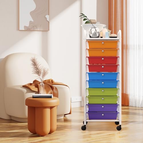 FIVMEN Carrello con rotelle con 10 cassetti, organizer per cassetti, con struttura in metallo e ripiano portaoggetti