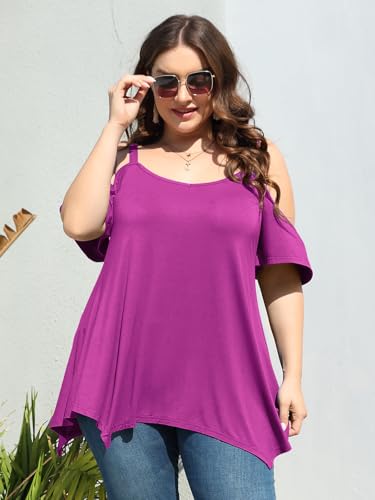 Image of LARACE Cold Shoulder Tops for Womens Summer Clothes Spaghetti Strape Tunic Oversized Shirts Asymmetrical Plus Size Blouse